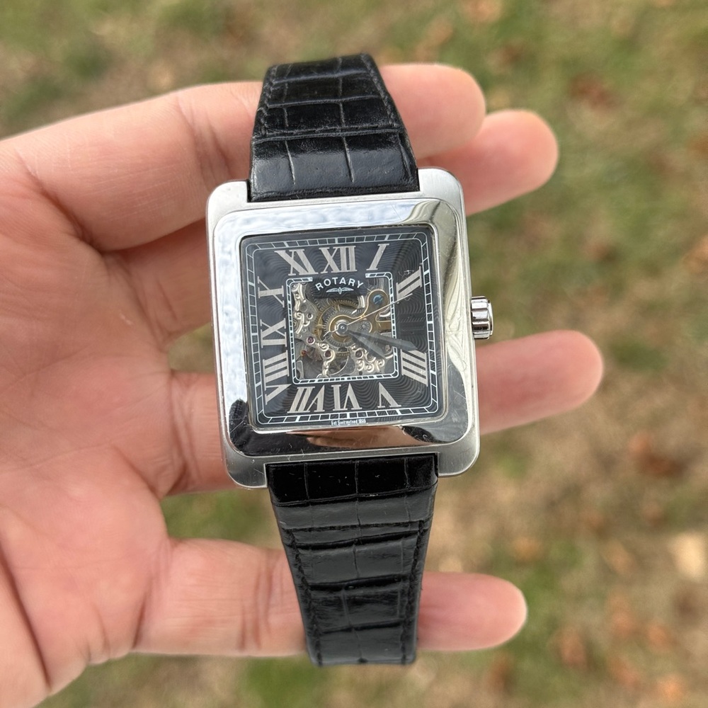 Rotary limited Editions Automatic 1895 Skeleton Silver Watch Black Leather mens